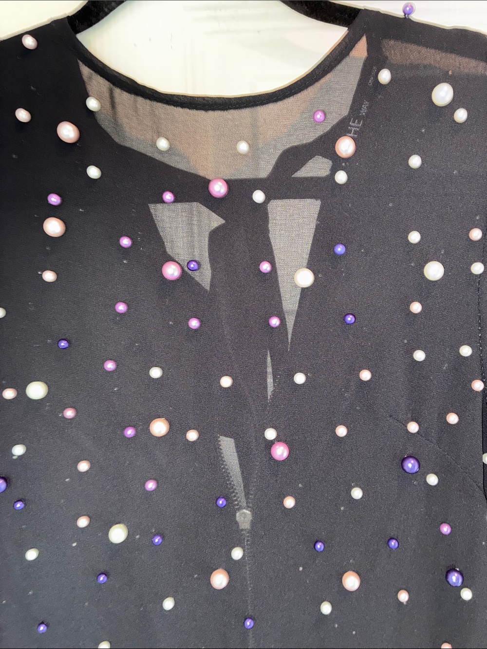 Women’s Black Embellished Pearl-Accent Zip blouse